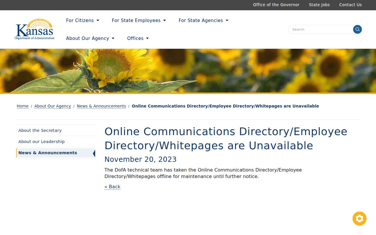 Notice that the Kansas state employee phone directory is offline for maintenance