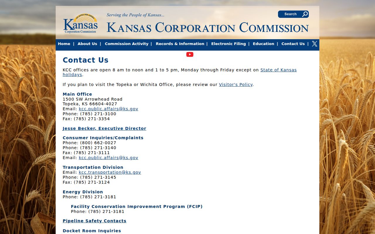 Kansas Corporation Commission phone directory page with utility complaint numbers