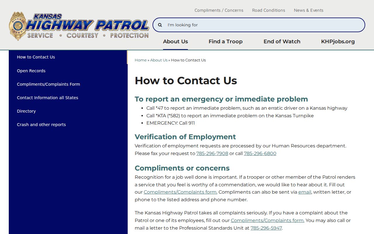Kansas Highway Patrol contact page with highway hazard phone codes and headquarters number