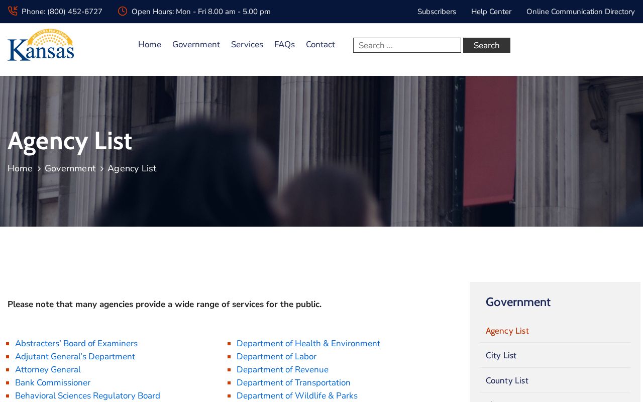 Kansas.gov agency list used as a statewide phone directory routing page