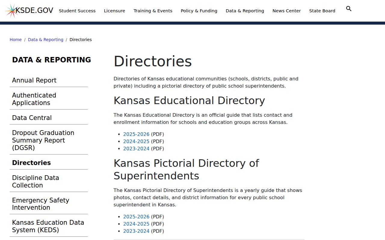 Kansas education directories page holding statewide school phone directory files