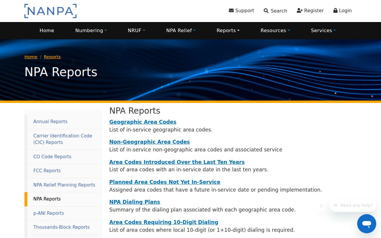 NANPA reports page listing Kansas area code data and exhaust projections