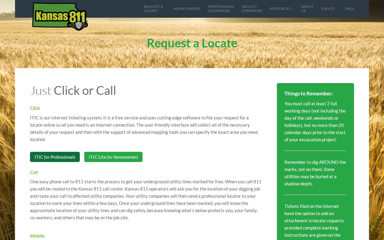 Kansas 811 locate request page explaining the 811 phone code and call routing