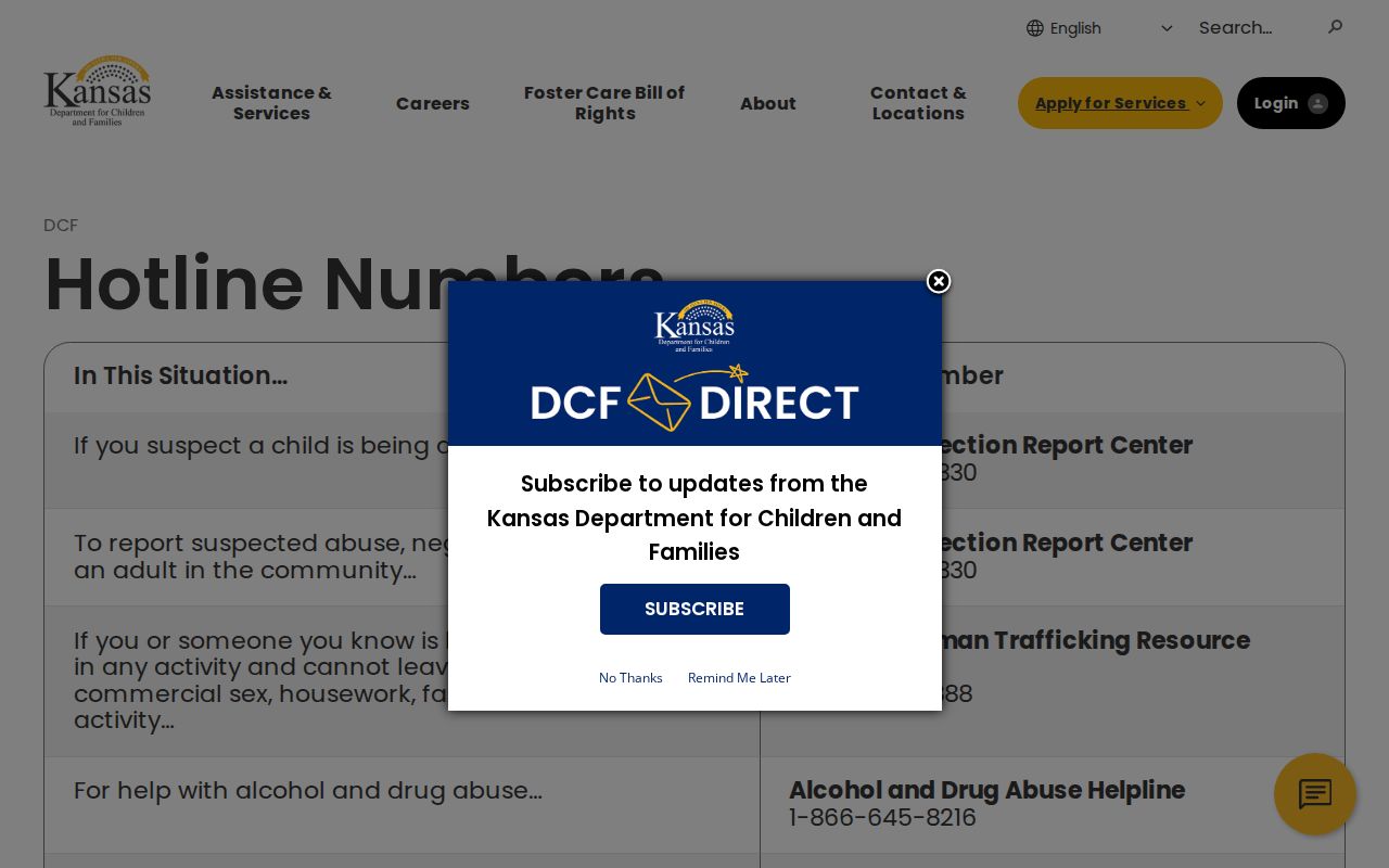 Kansas DCF hotline phone numbers for abuse and trafficking reports