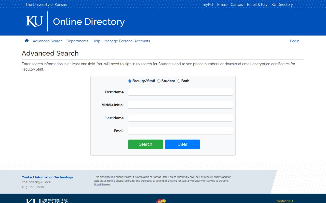 University of Kansas advanced people search used to find campus phone numbers